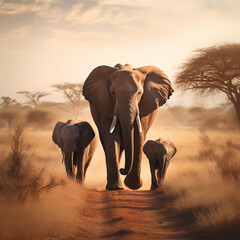 A family of elephants walking in a savannah.