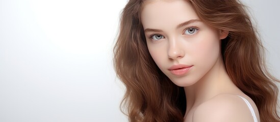 Naklejka premium A beautiful young woman with long brown hair is striking a pose for a portrait on a white background.