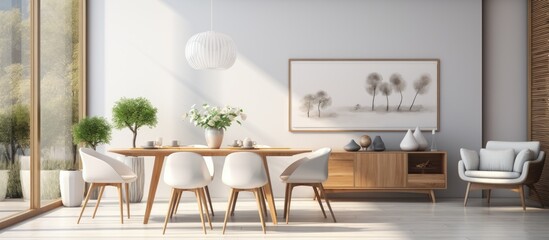 In this dining room, stylish plates are set on a white table, surrounded by wooden chairs. The room exudes a sense of elegance and simplicity with its clean white chairs and sturdy wooden table.