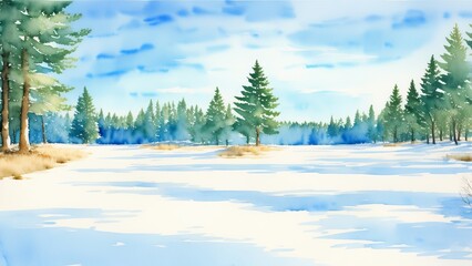 Winter forest landscape. Scenery illustration with snowy trees. Watercolor illustration, AI Generated