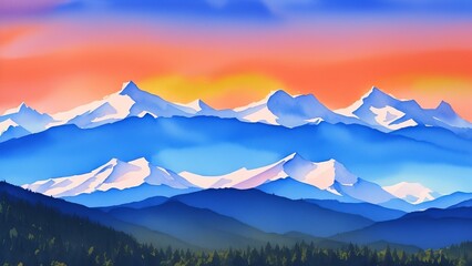 Sunset sky over snow-capped mountain peaks. An ideal subject for landscape and tourism projects. Watercolor illustration, AI Generated