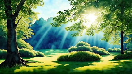 Sun rays penetrating through green leafy branches. A perfect representation of light and shadow in nature. Watercolor illustration, AI Generated