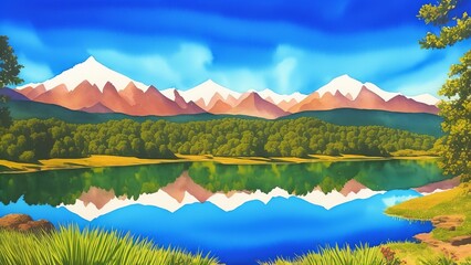 Silent lake reflecting the bright sky and mountains. Watercolor illustration, AI Generated