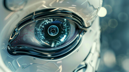 A close-up of a robot's eye, reflecting a complex digital network, illustrating AI's vision and perception abilities, with copy space