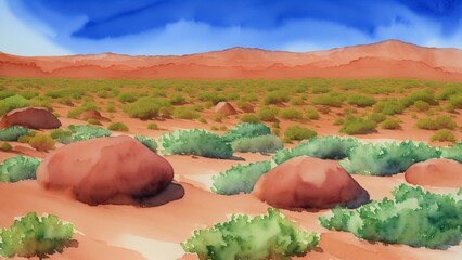 Multi-colored rocks in the sultry desert. A picture of colors and contrasts in a harsh climate. Watercolor illustration, AI Generated