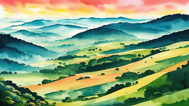 Magical rainbows over green hills. An image of diversification and colors in nature. Watercolor illustration, AI Generated