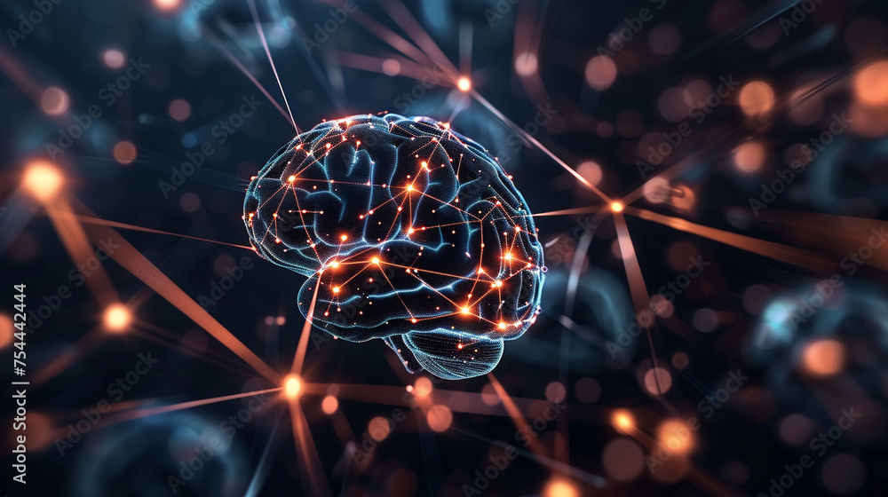 Poster a digital brain suspended in a network of glowing connections, visualizing the concept of ai's globa