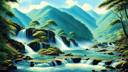Lush waterfalls deep in the tropical jungle. An image of the strength and beauty of nature. Watercolor illustration, AI Generated