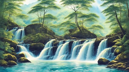 Lush waterfalls deep in the tropical jungle. Watercolor illustration, AI Generated