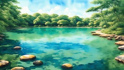 Crystal clear waters in green lagoons. An image of peace and harmony with nature. Watercolor illustration, AI Generated
