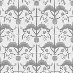 Seamless pattern in art nouveau style with leaves, bent stems, berries and flowers on a white background. Suitable for interior, wallpaper, fabrics, clothing, stationery.