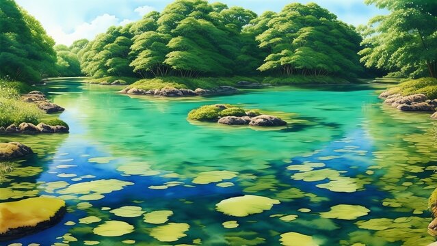 Crystal clear waters in green lagoons. An image of peace and harmony with nature. Watercolor illustration, AI Generated