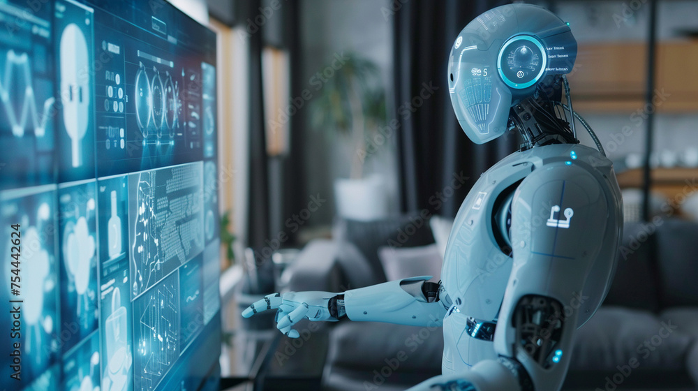 Poster a humanoid robot interacting with a digital interface of a smart home, showcasing ai's integration i