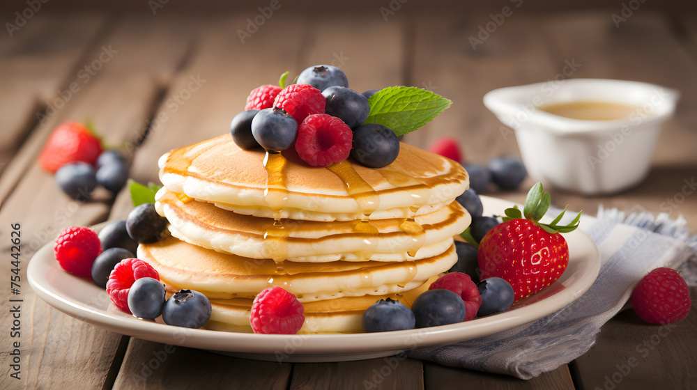 Poster a stack of fluffy pancakes drizzled with maple syrup and topped with fresh berries.