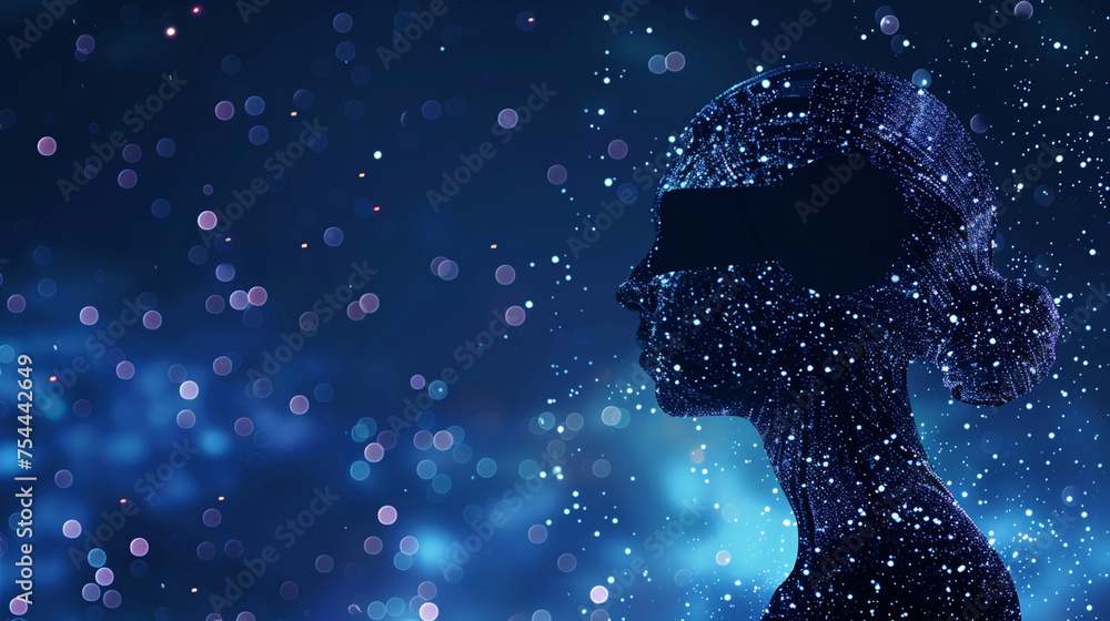 Poster a robot's silhouette filled with a starry digital universe, symbolizing ai's exploration of the unkn