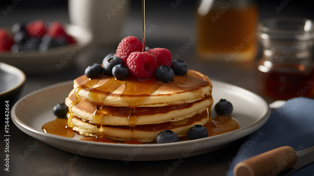 Poster a stack of fluffy pancakes drizzled with maple syrup and topped with fresh berries.
