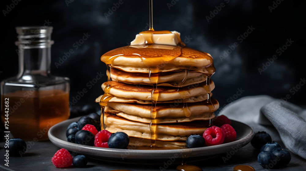 Poster a stack of fluffy pancakes drizzled with maple syrup and topped with fresh berries.
