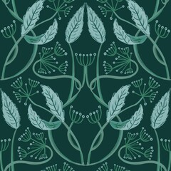 Seamless pattern in art nouveau style with leaves, bent stems, berries and flowers on a green background. Suitable for interior, wallpaper, fabrics, clothing, stationery.