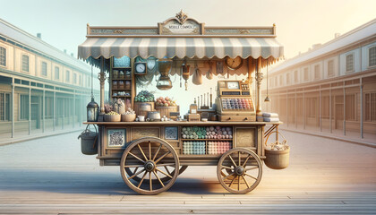 Antique wooden marketplace cart transformed into a mobile e-commerce kiosk, blending tradition with modern technology