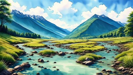 A stormy stream of water in the mountains among green forests. Demonstrates the power and energy of nature. Watercolor illustration, AI Generated