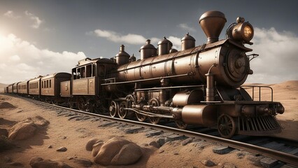 old steam locomotive _A steampunk train that survives the end of the world on a rusty and intricate railway.  