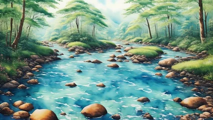 Gordijnen A crystal clear river flowing between green banks. The idea of harmony and natural beauty in nature. Watercolor illustration, AI Generated © BLACK AND WHITE LOGO