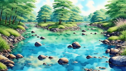 A crystal clear river flowing between green banks. The idea of harmony and natural beauty in nature. Watercolor illustration, AI Generated