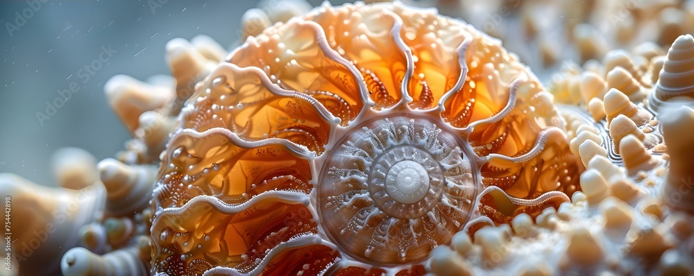 Poster patterns of nautilus shells. concept marine life, fibonacci sequence, seashell collection, mathemati