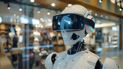 A humanoid robot wearing VR goggles, immersed in a virtual learning environment, representing AI's experiential learning, with copy space