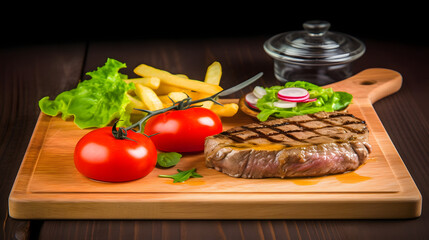 a steak and french fries on a wooden board 