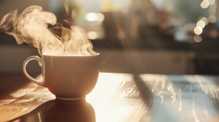 Freshly brewed coffee steaming gently from the ceramic cup on the polished table. - obrazy, fototapety, plakaty