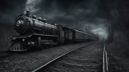 steam train in the countryside _A horror train that carries the souls of the dead on a dark and spooky railway.  