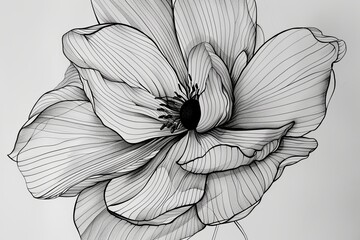 A sophisticated single-line drawing of a blooming flower showcases intricate details and flowing curves, creating a striking monochrome piece that captures the timeless beauty of nature.