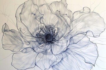Fototapeta premium A delicate, continuous line drawing of an ethereal flower, with each stroke highlighting the gentle folds and intricate center, presented in a subtle gradient of blues for a serene artistic expression