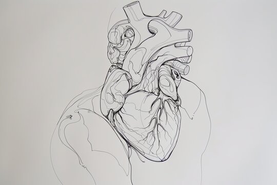 A single continuous line artfully depicts the human heart, blending anatomical elements with a sense of motion, presented in a striking monochromatic style.