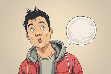 A playful and whimsical illustration of a young Asian man making a face with puffed cheeks and an empty speech bubble, set against a neutral background.