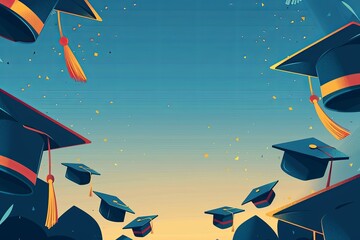 Academic caps soar through the air in a jubilant graduation tradition, with golden confetti accenting a joyous blue sky, a celebratory mark of new beginnings.