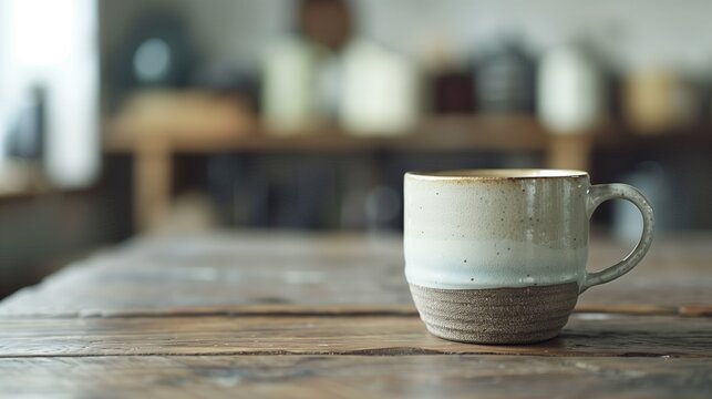 Soft focus on the ceramic mug, drawing attention to its elegant simplicity.