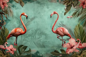 A serene and lush depiction of flamingos in a verdant tropical paradise, infused with a vintage summer feel.