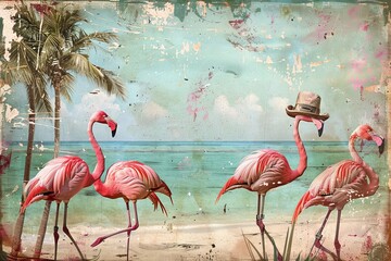 Obraz premium A charming assembly of flamingos donning quaint sun hats by the seashore, offering a nostalgic twist on a summer retreat.