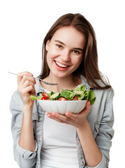 a happy young woman eating healthy salad with spoon on white background, in the style of light gray and light crimson, youthful, isolated, png, cutout