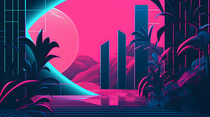 Abstract representation of a vaporwave-style scene