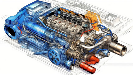 blueprint of a nascar engine, drive train generative ai.