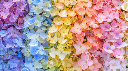Beautiful colorful rainbow hydrangea flowers as background, top view