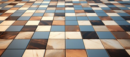 A detailed view of a tiled floor with a sky background in the distance, showcasing the texture and pattern of the tiles under the sunlight.