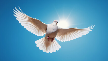 a white peace pigeon flying in blue sky whitout clouds - obrazy, fototapety, plakaty
