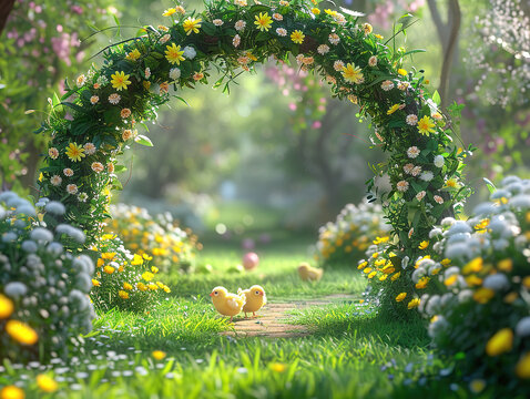 Beautiful rural archway decorated with spring flowers, with colorful Easter eggs and yellow chickens in green grass, soft lighting, soft focus, bokeh, photorealistic
