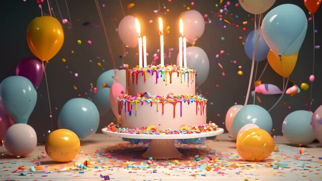 Birthday cake with burning candles, balloons and confetti. 3D rendering, 3d render of birthday cake with candles, balloons and confetti, AI Generated