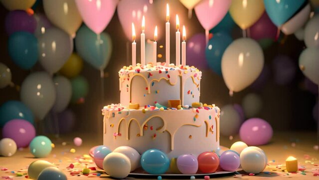 Birthday cake with burning candles and balloons on wooden table. 3D rendering, 3d render of birthday cake with candles, balloons and confetti, AI Generated