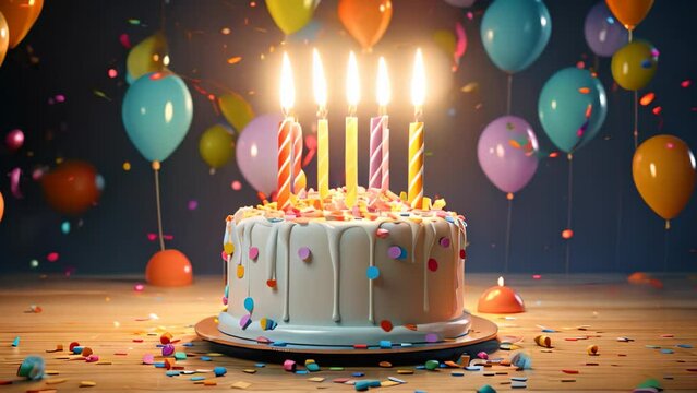 Birthday cake with burning candles and colorful confetti on wooden table, 3d render of birthday cake with candles, balloons and confetti, AI Generated